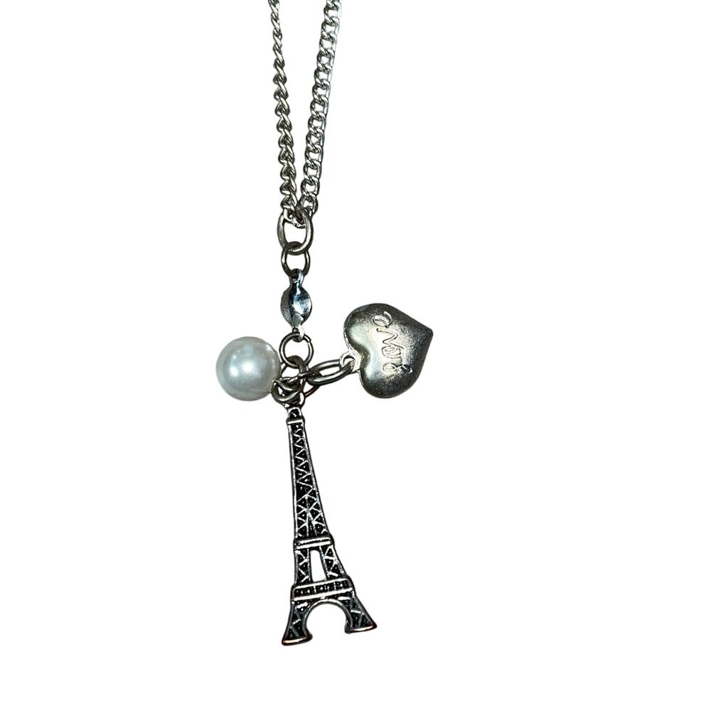 Sterling Silver Eiffel Tower Paris France Necklace Heart Chain Pearl LOVE Heart